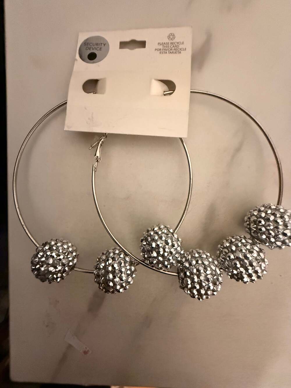 New Extra Large Silver Tone Sparkle Ball Hoop Earrings